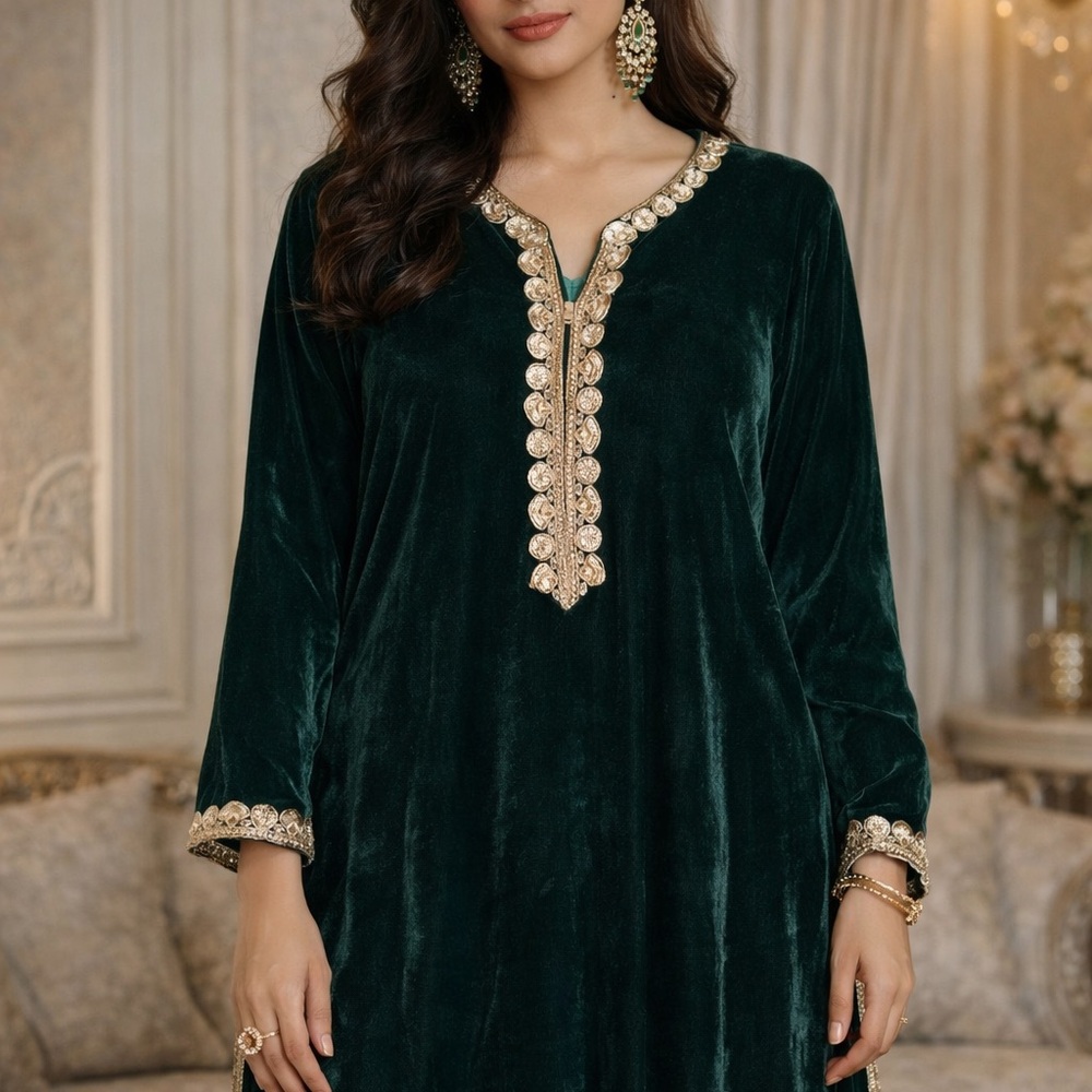 Large Elegant Green Velvet Dress with Gold Accents Pakistan